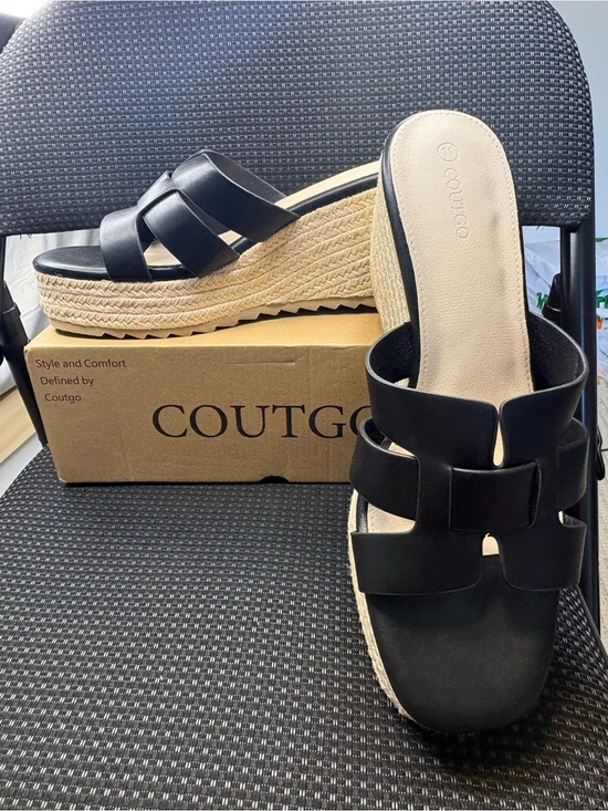 Coutgo Shoes - Coutgo Black Wedge Platform Espadrille Open Toe Slide Sandals NWT Size 11